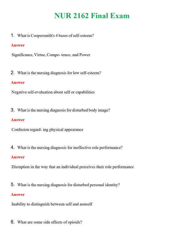 NUR 2162 FINAL EXAM | A SOLVED 100% CORRECT