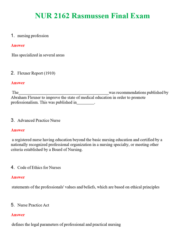 NUR 2162 RASMUSSEN FINAL EXAM | A+ RATED GUIDE | QUESTIONS AND ANSWERS (SOLVED