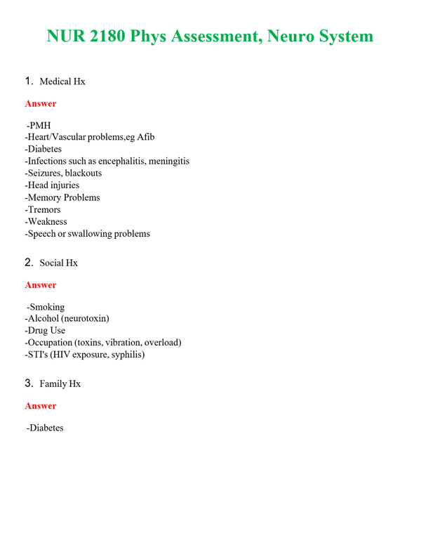 NUR 2180 PHYS ASSESSMENT, NEURO SYSTEM | QUESTIONS AND ANSWERS INCLUDED
