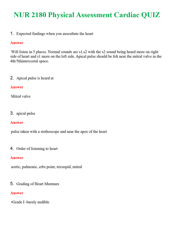 NUR 2180 PHYSICAL ASSESSMENT CARDIAC QUIZ | COMPLETE QUESTIONS & ANSWERS (SOLVED) 100% CORRECT