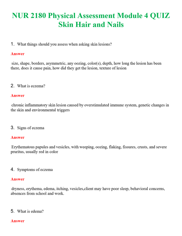 NUR 2180 PHYSICAL ASSESSMENT MODULE 4 QUIZ SKIN HAIR AND NAILS | A++ EXAM WITH ALL NEW QS & AS - GUARANTEED PASS!