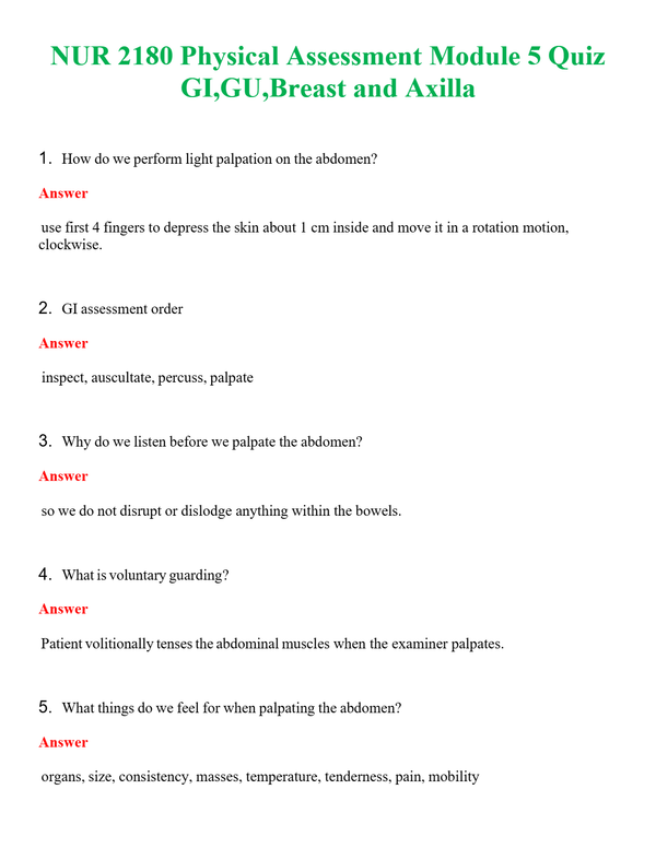 NUR 2180 PHYSICAL ASSESSMENT MODULE 5 QUIZ GI,GU,BREAST AND AXILLA | QUESTIONS AND ANSWERS INCLUDED