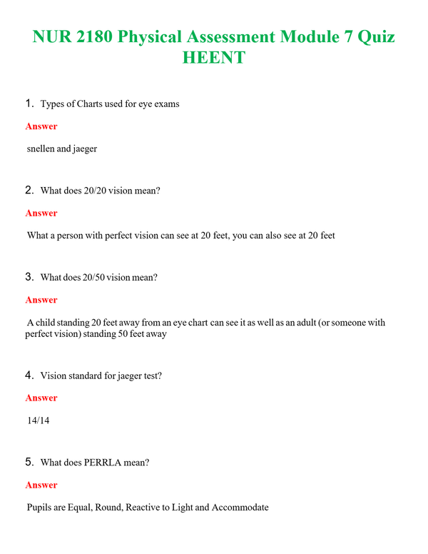 NUR 2180 PHYSICAL ASSESSMENT MODULE 7 QUIZ HEENT | ACTUAL QUESTIONS AND ANSWERS 100% CORRECT