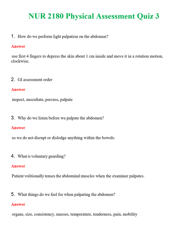 NUR 2180 PHYSICAL ASSESSMENT QUIZ 3 | QUESTIONS AND ANSWERS INCLUDED