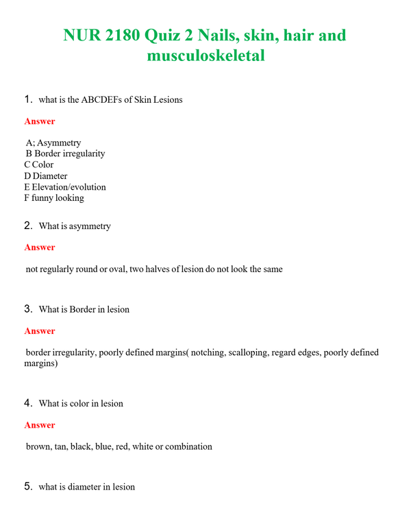 NUR 2180 QUIZ 2 NAILS, SKIN, HAIR AND MUSCULOSKELETAL | NEW FULL QUESTIONS AND ANSWERS 100% CORRECT