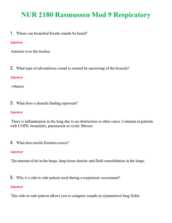NUR 2180 RASMUSSEN MOD 9 RESPIRATORY | GRADED A+ QUESTIONS AND ANSWERS (SOLVED)