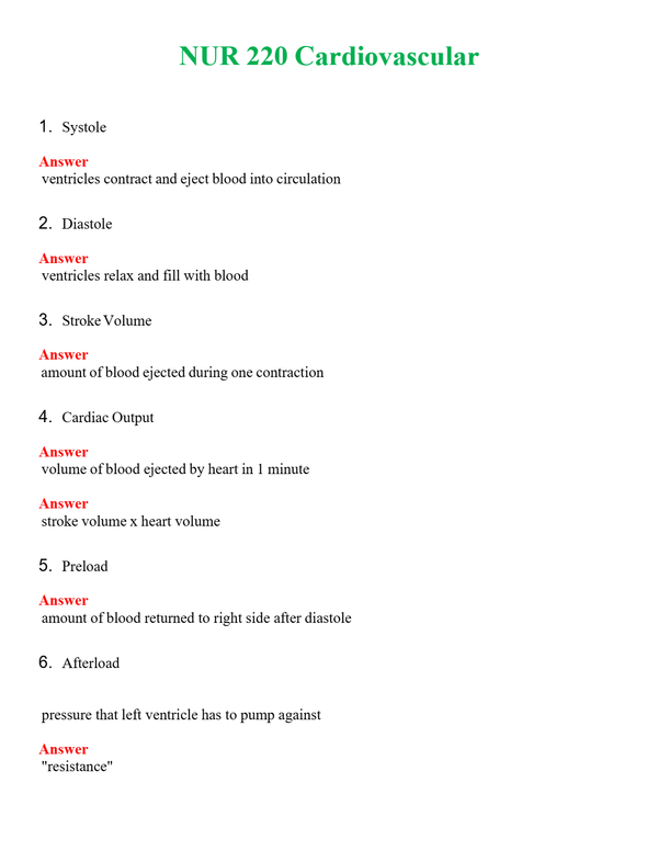 NUR 220 CARDIOVASCULAR | QUESTIONS AND ANSWERS INCLUDED