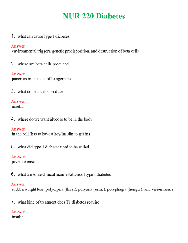 NUR 220 DIABETES | GRADED A+ SOLVED 100% CORRECT