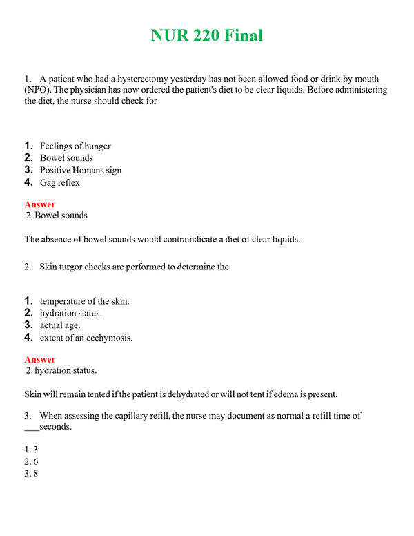 NUR 220 FINAL | QUESTIONS & ANSWERS (SOLVED)