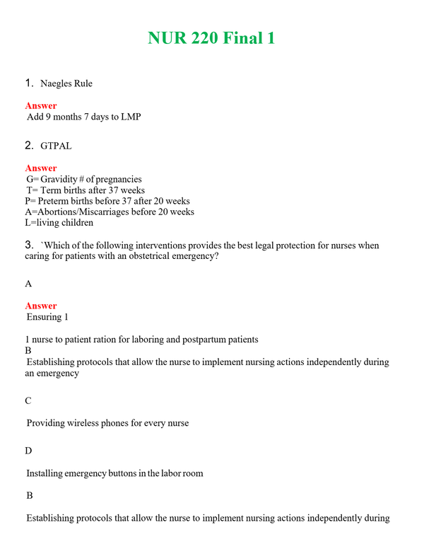 NUR 220 FINAL 1 | A SOLVED 100% CORRECT