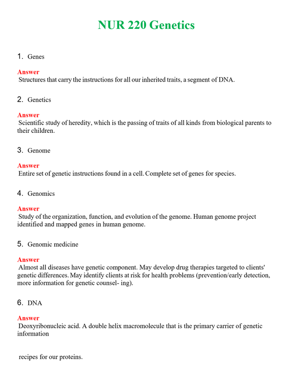 NUR 220 GENETICS | (ACTUAL EXAM ) QUESTIONS AND ANSWERS (SOLVED)