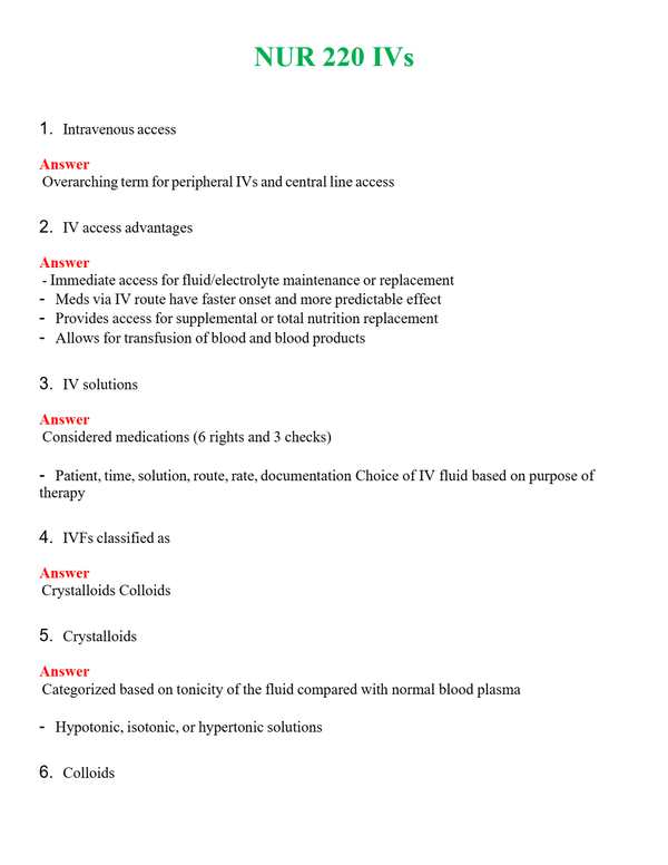 NUR 220 IVS | LATEST QUESTIONS WITH COMPLETE GRADE A++ ANSWERS