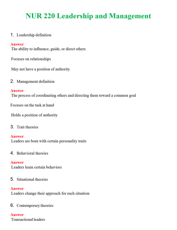 NUR 220 LEADERSHIP AND MANAGEMENT | QUESTIONS & ANSWERS (SOLVED)