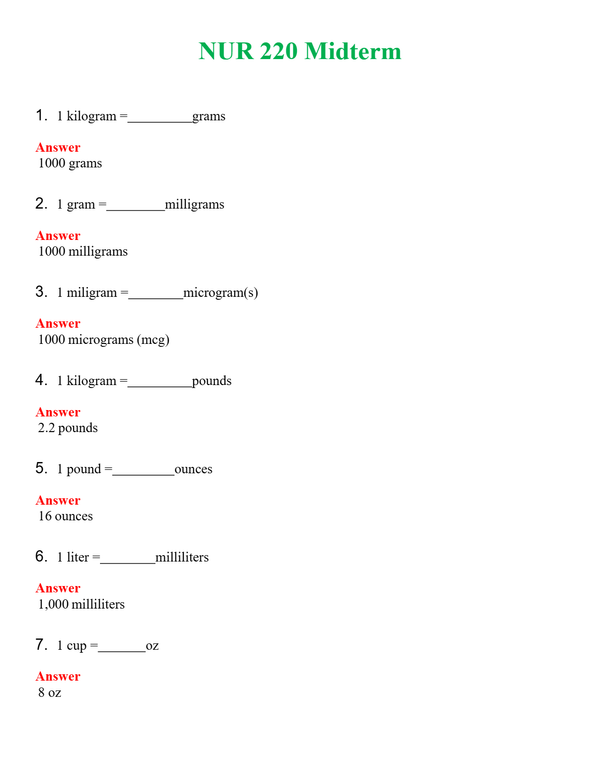 NUR 220 MIDTERM | A+ RATED GUIDE | QUESTIONS AND ANSWERS (SOLVED)