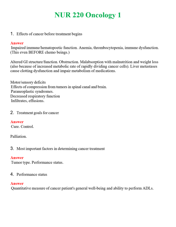 NUR 220 ONCOLOGY 1 | A SOLVED 100% CORRECT