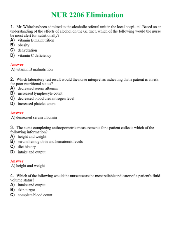 NUR 2206 ELIMINATION | LATEST QUESTIONS WITH COMPLETE GRADE A++ ANSWER