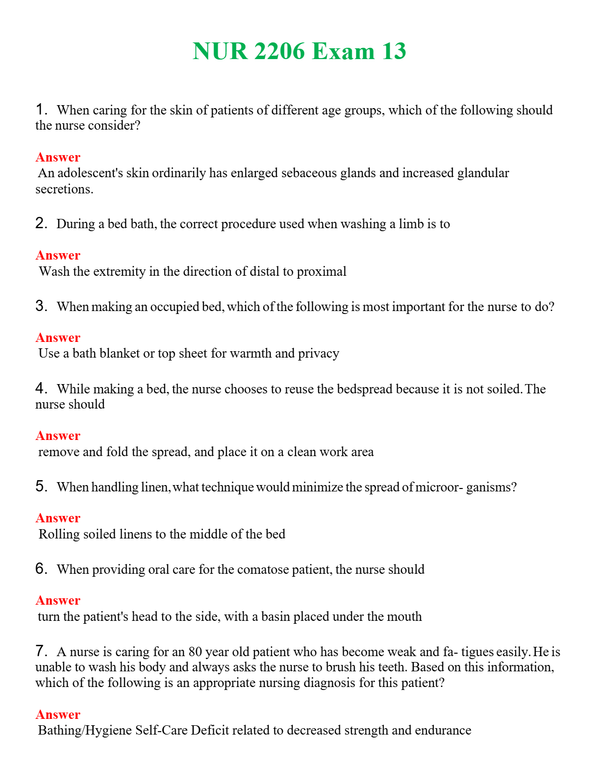 NUR 2206 EXAM 13 | ACTUAL QUESTIONS AND ANSWERS 100% CORRECT