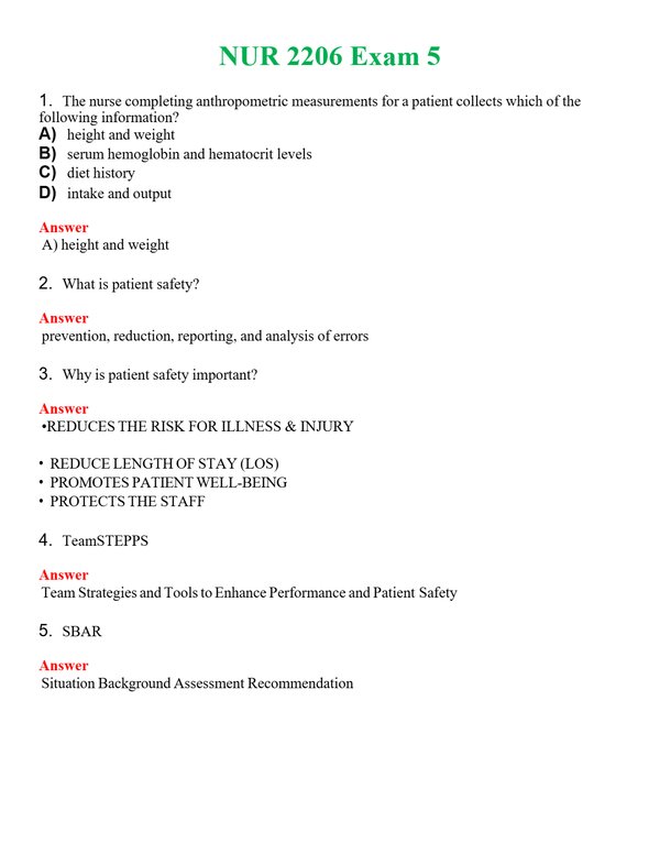 NUR 2206 EXAM 5 | A+ RATED GUIDE | QUESTIONS AND ANSWERS (SOLVED)