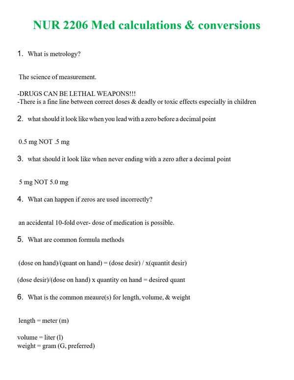 NUR 2206 MED CALCULATIONS & CONVERSIONS | WITH 100% VERIFIED ANSWERS
