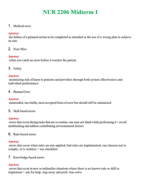 NUR 2206 MIDTERM 1 | ACTUAL QUESTIONS AND ANSWERS 100% CORRECT