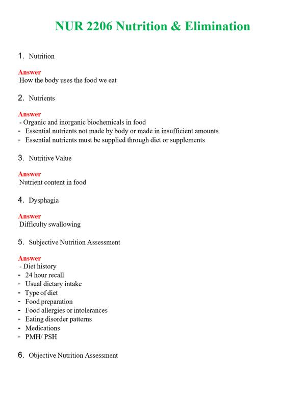 NUR 2206 NUTRITION & ELIMINATION | A SOLVED 100% CORRECT