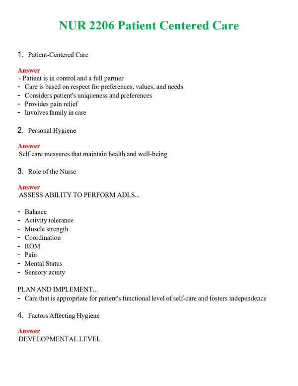 NUR 2206 PATIENT CENTERED CARE | PASSED | A+ RATED GUIDE | NEW FULL EXAM