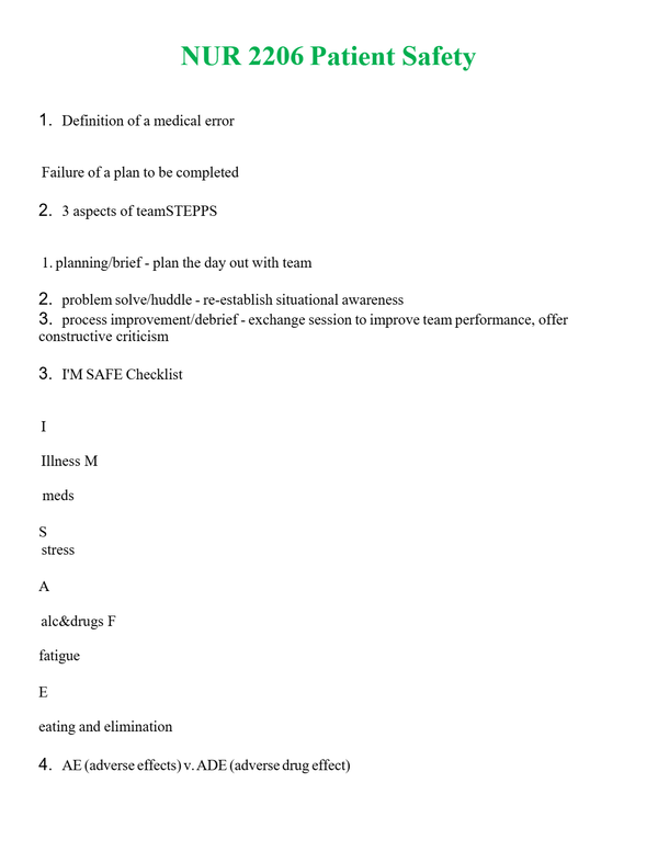 NUR 2206 PATIENT SAFETY | A+ RATED GUIDE | QUESTIONS AND ANSWERS (SOLVED)