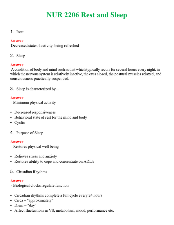 NUR 2206 REST AND SLEEP | A SOLVED 100% CORRECT