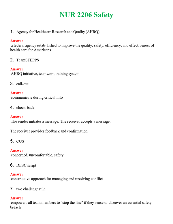 NUR 2206 SAFETY | A SOLVED 100% CORRECT