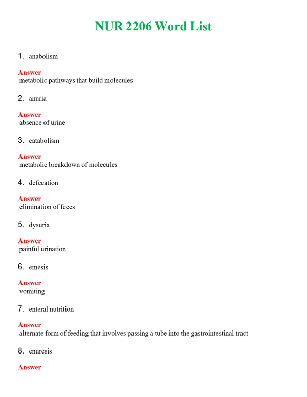 NUR 2206 WORD LIST | QUESTIONS & ANSWERS (SOLVED)
