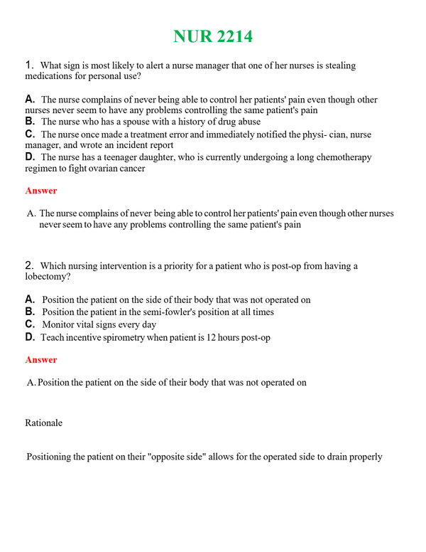 NUR 2214 | COMPLETE ANSWERS 100% CORRECT