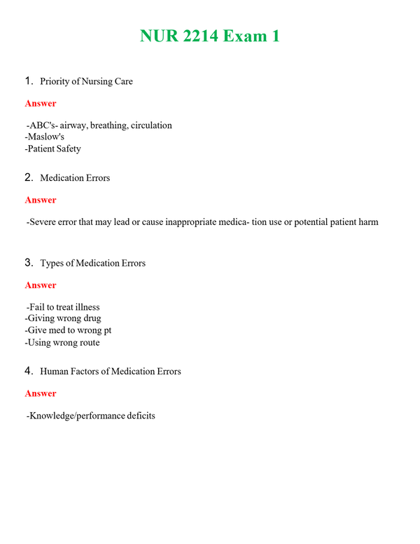 NUR 2214 EXAM 1 | LATEST QUESTIONS WITH COMPLETE GRADE A++ ANSWERS