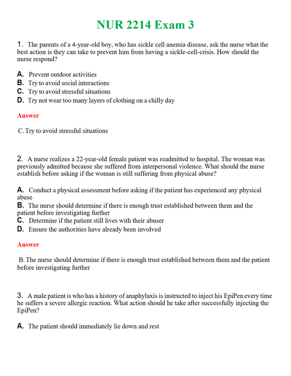NUR 2214 EXAM 3 | A SOLVED 100% CORRECT