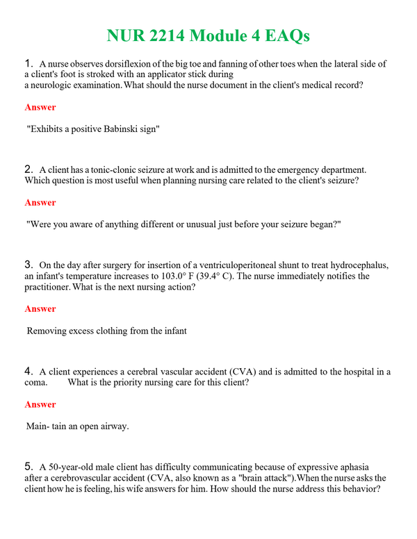 NUR 2214 MODULE 4 EAQS | QUESTIONS AND ANSWERS INCLUDED