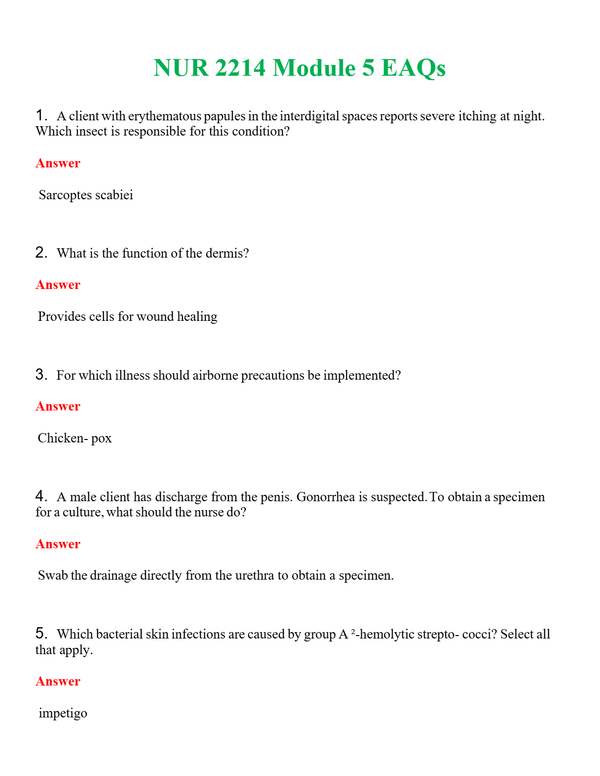 NUR 2214 MODULE 5 EAQS | COMPLETE QUESTIONS & ANSWERS (SOLVED) 100% CORRECT
