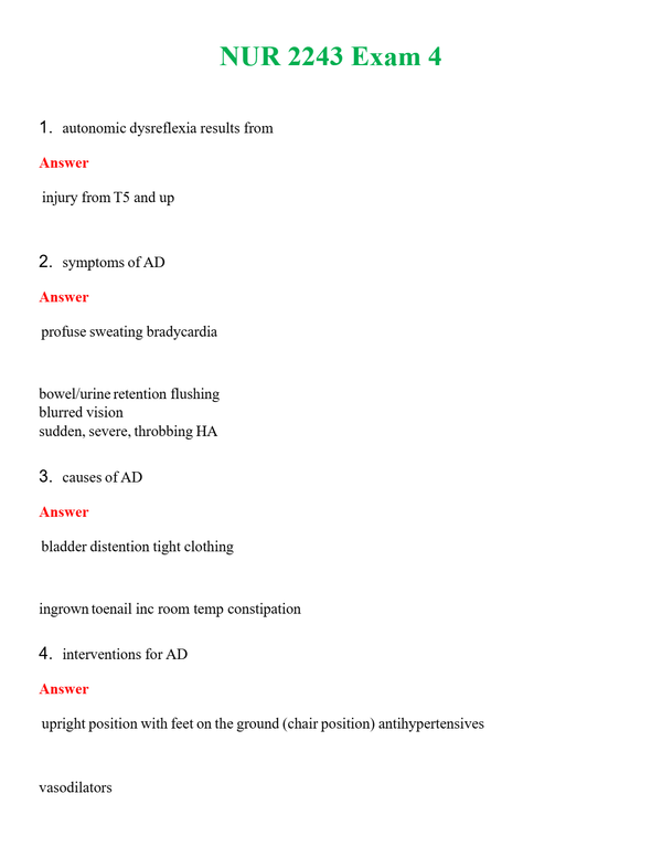 NUR 2243 EXAM 4 | QUESTIONS AND ANSWERS INCLUDED