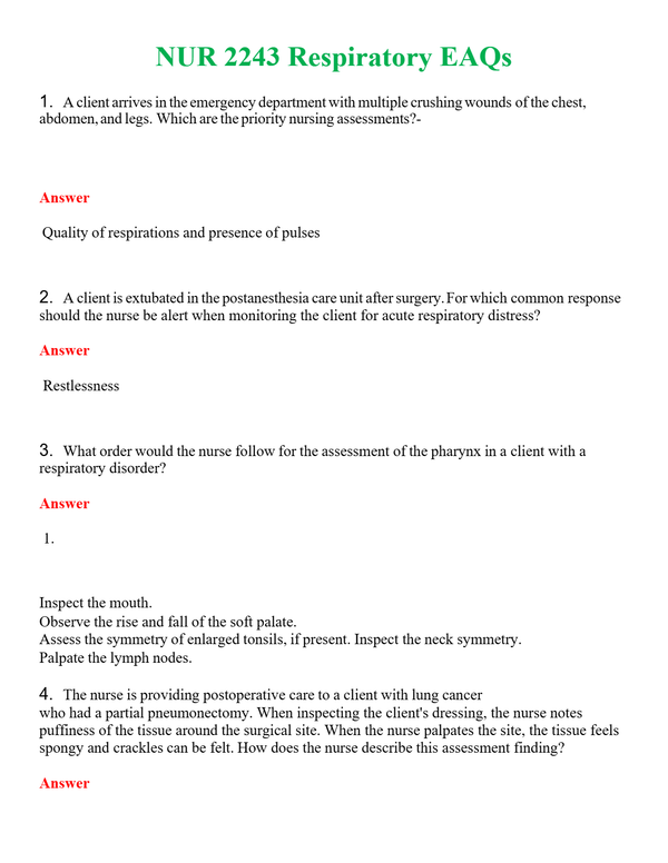 NUR 2243 RESPIRATORY EAQS | NEW FULL QUESTIONS AND ANSWERS 100% CORRECT