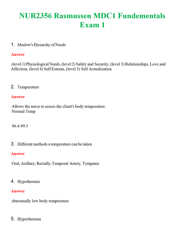 NUR 2356 RASMUSSEN MDC1 FUNDEMENTALS EXAM 1 | COMPLETE ANSWERS 100% CORRECT