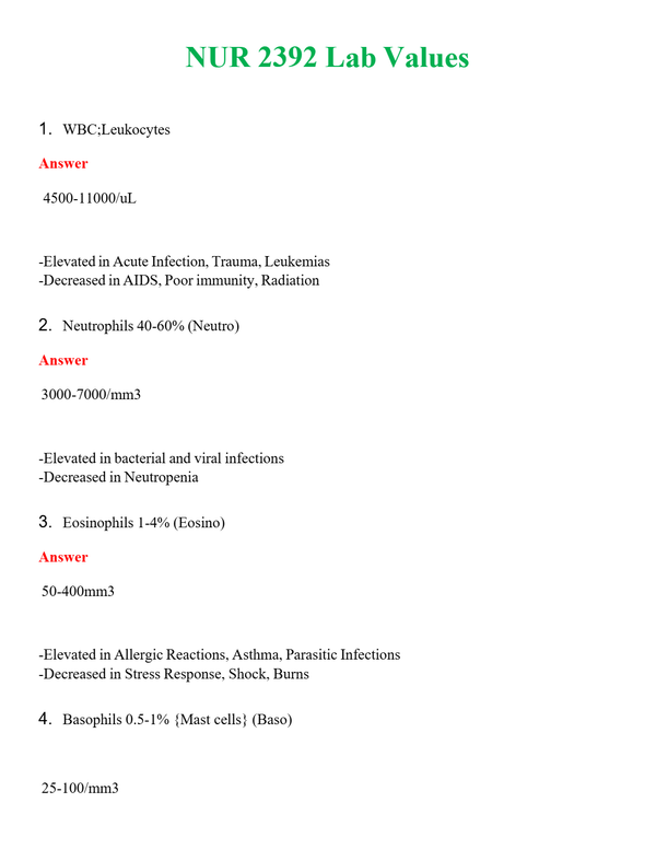 NUR 2392 LAB VALUES | QUESTIONS AND ANSWERS INCLUDED