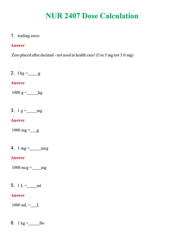 NUR 2407 DOSE CALCULATION | COMPLETE ANSWERS 100% CORRECT