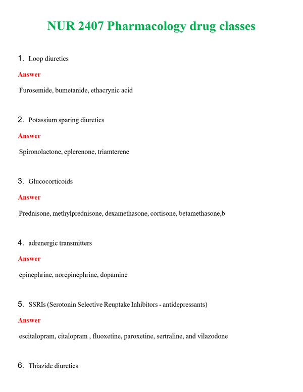 NUR 2407 PHARMACOLOGY DRUG CLASSES | A SOLVED 100% CORRECT