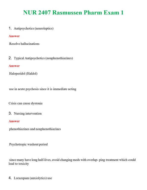 NUR 2407 RASMUSSEN PHARM EXAM 1 | WITH 100% VERIFIED ANSWERS