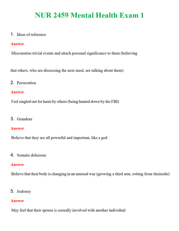 NUR 2459 MENTAL HEALTH EXAM 1 | QUESTIONS & ANSWERS (SOLVED)