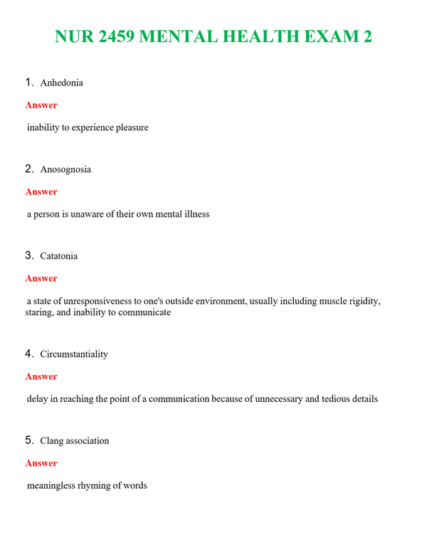 NUR 2459 MENTAL HEALTH EXAM 2 | (ACTUAL EXAM ) QUESTIONS AND ANSWERS (SOLVED)