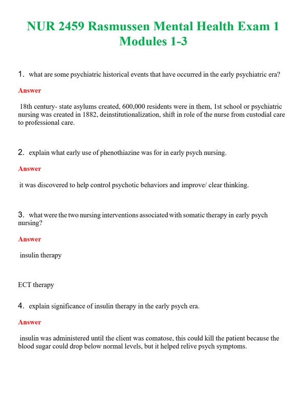 NUR 2459 RASMUSSEN MENTAL HEALTH EXAM 1 MODULES 1-3 | A SOLVED 100% CORRECT