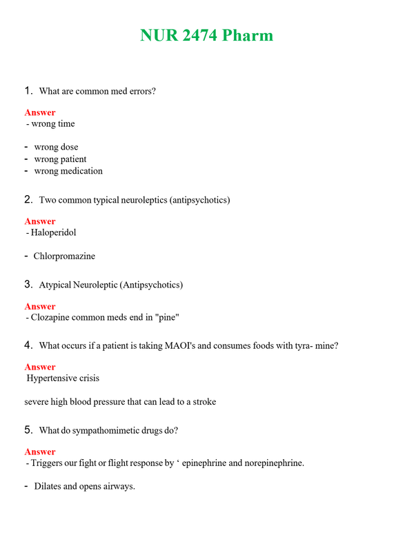 NUR 2474 PHARM | LATEST QUESTIONS WITH COMPLETE GRADE A++ ANSWERS