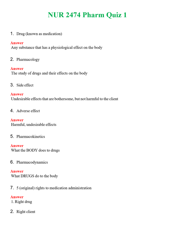 NUR 2474 PHARM QUIZ 1 | WITH 100% VERIFIED ANSWERS