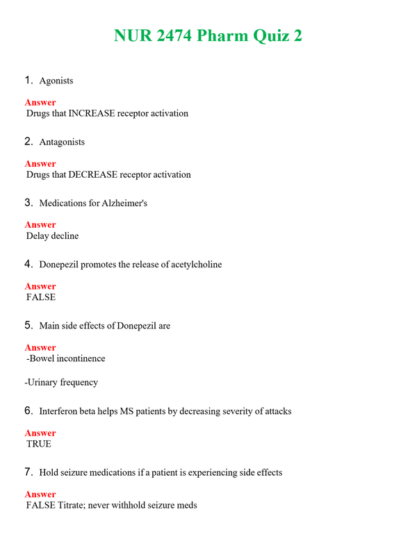 NUR 2474 PHARM QUIZ 2 | QUESTIONS & ANSWERS (SOLVED)