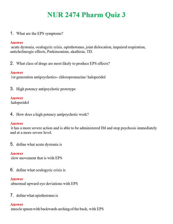 NUR 2474 PHARM QUIZ 3 | (ACTUAL EXAM ) QUESTIONS AND ANSWERS (SOLVED)
