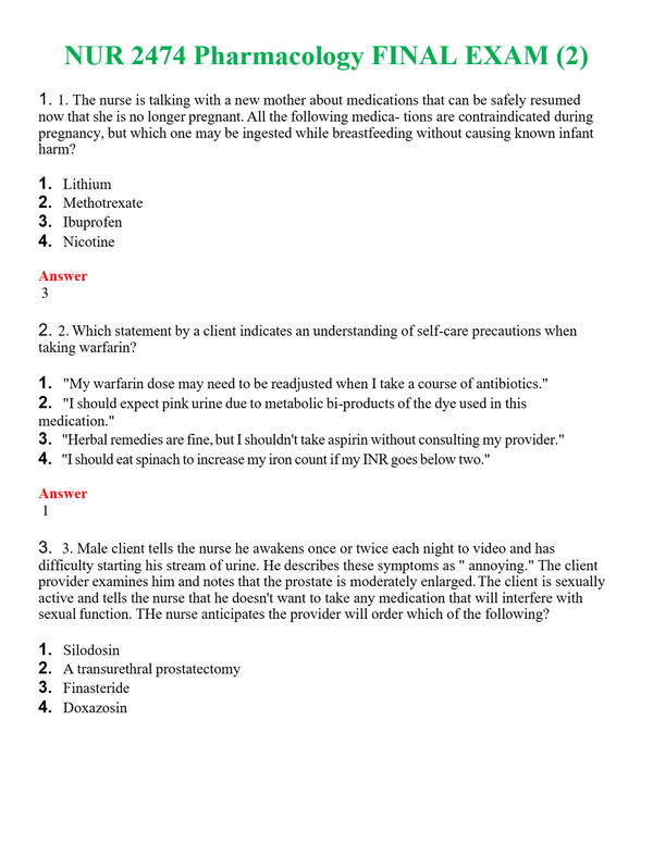 NUR 2474 PHARMACOLOGY FINAL EXAM (2) | QUESTIONS & ANSWERS (SOLVED)